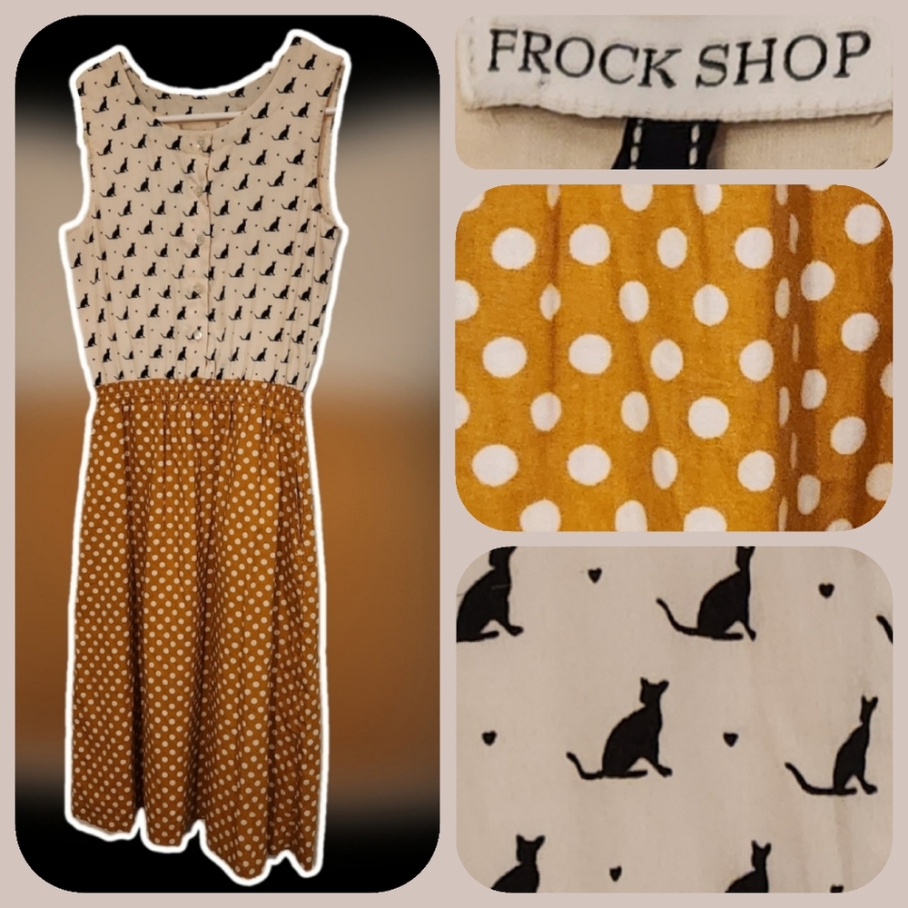 🐱 FROCK SHOP Size S Black White Cat Print Polka Orange Dots